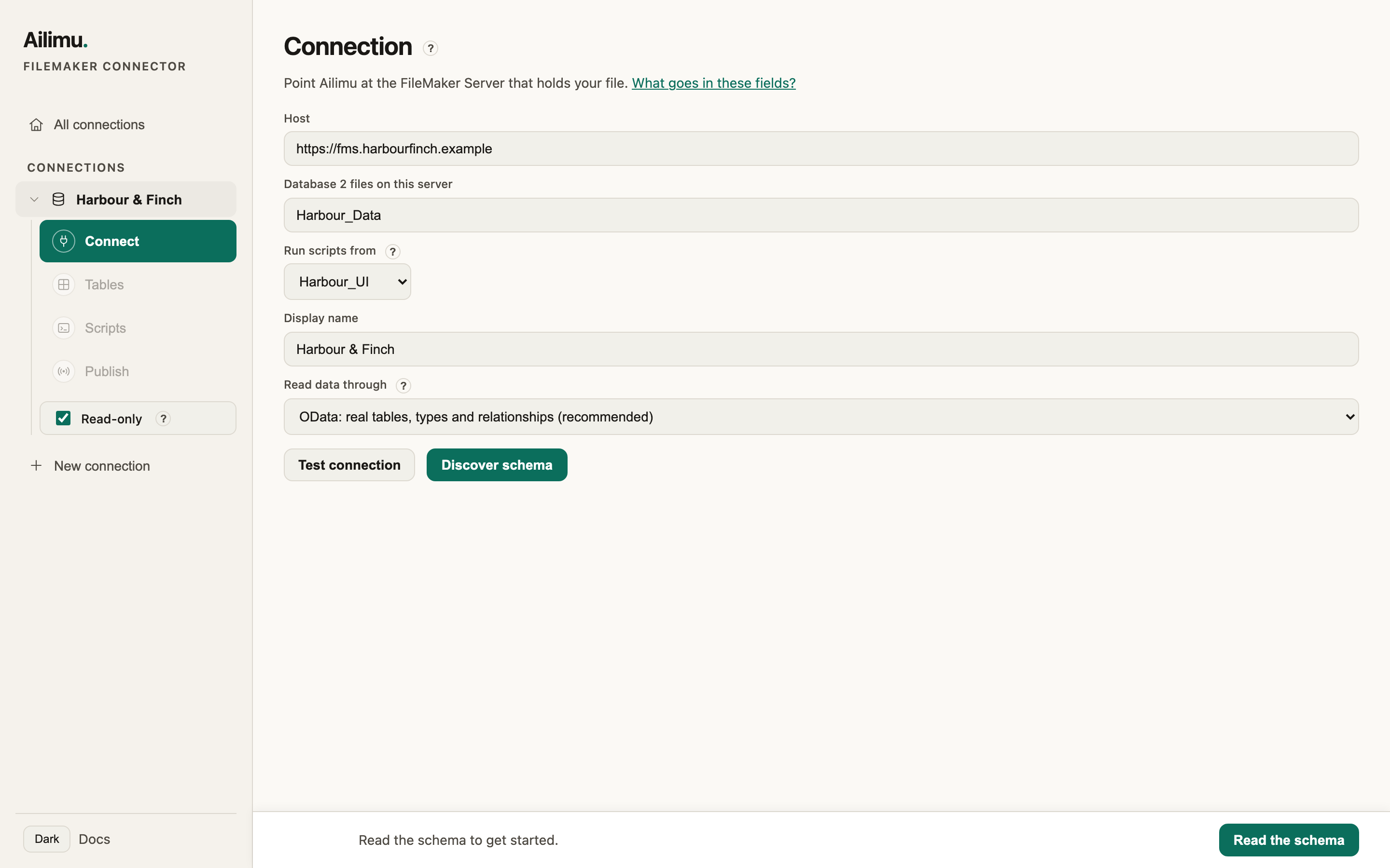 Connection details for the Harbour_Data file, with scripts run from Harbour_UI.